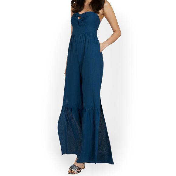 New York & Co Blue Strapless Linen Wide Leg Jumpsuit Womens MD Boho Hippie - Picture 1 of 16